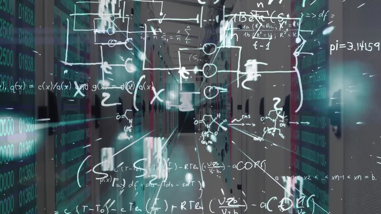 Animation of mathematical equations and network of connections over server room