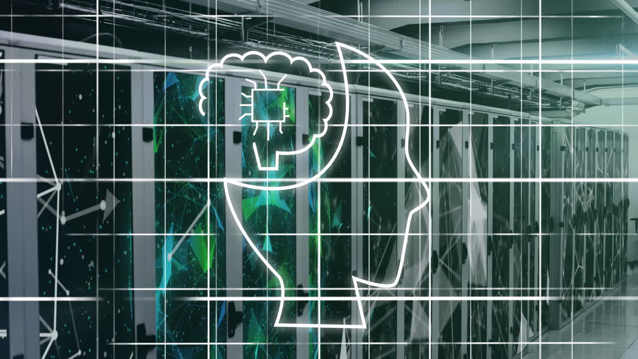 animación de todo el texto y el icono, procesamiento de datos a través de servidores informáticos
