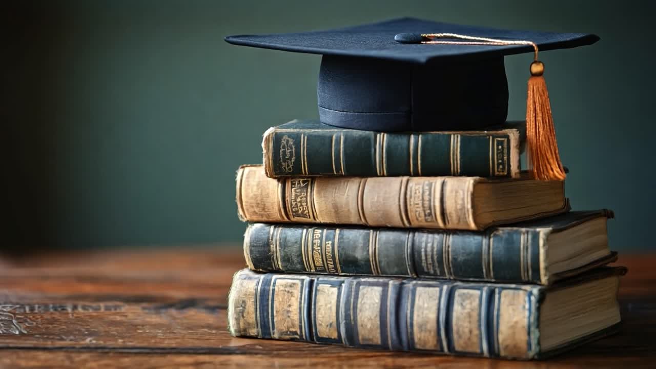 gorra de graduación en una pila de libros