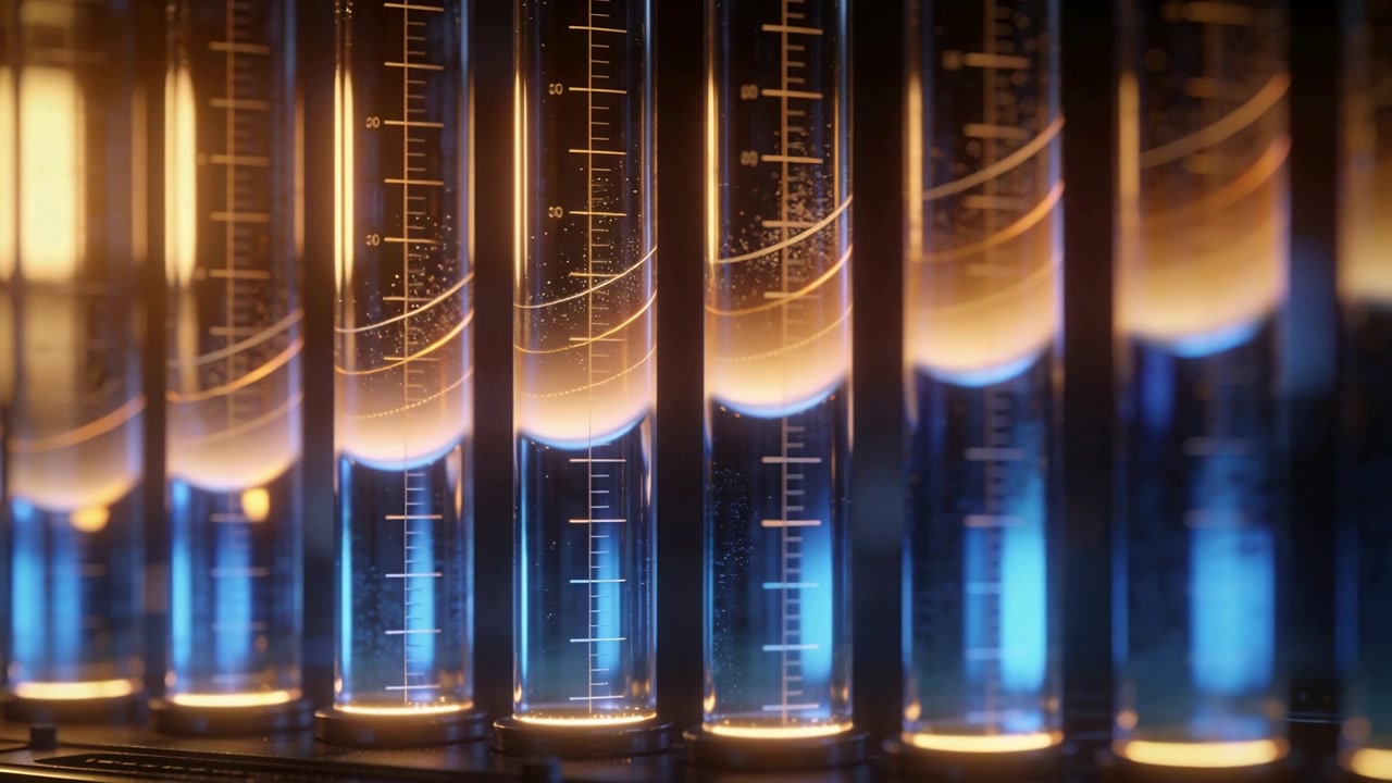Showing graduated tubes with markings in lab chamber, warm underglow causing rising bubble trails