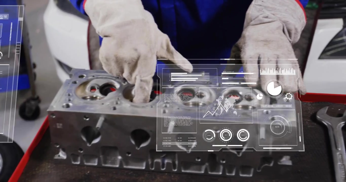Gloved hand reaching cylinder head, HUD charts overlaying, mechanic probing and analyzing chambers