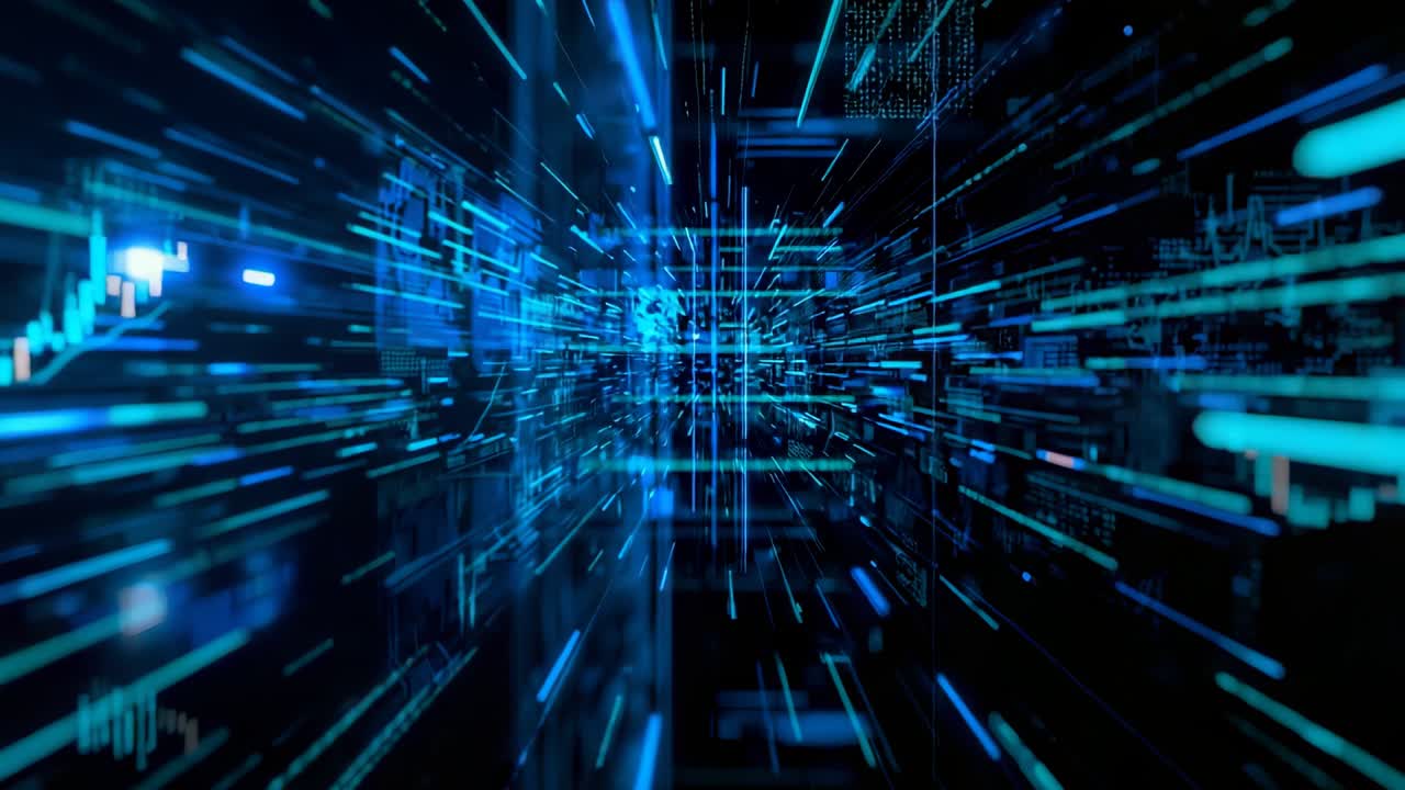 Playback starting pushing centered cube grid rushing toward viewer in blue data corridor, with HUD