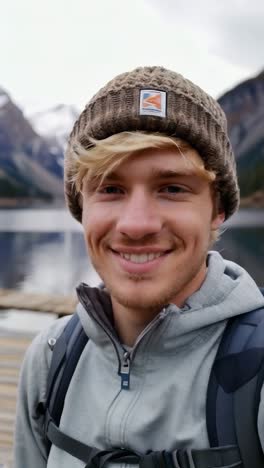 Young Man Smiling by a Mountain Lake