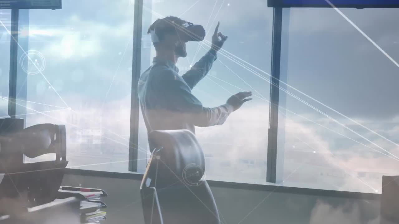 Animation of network of connections over businessman wearing vr ...