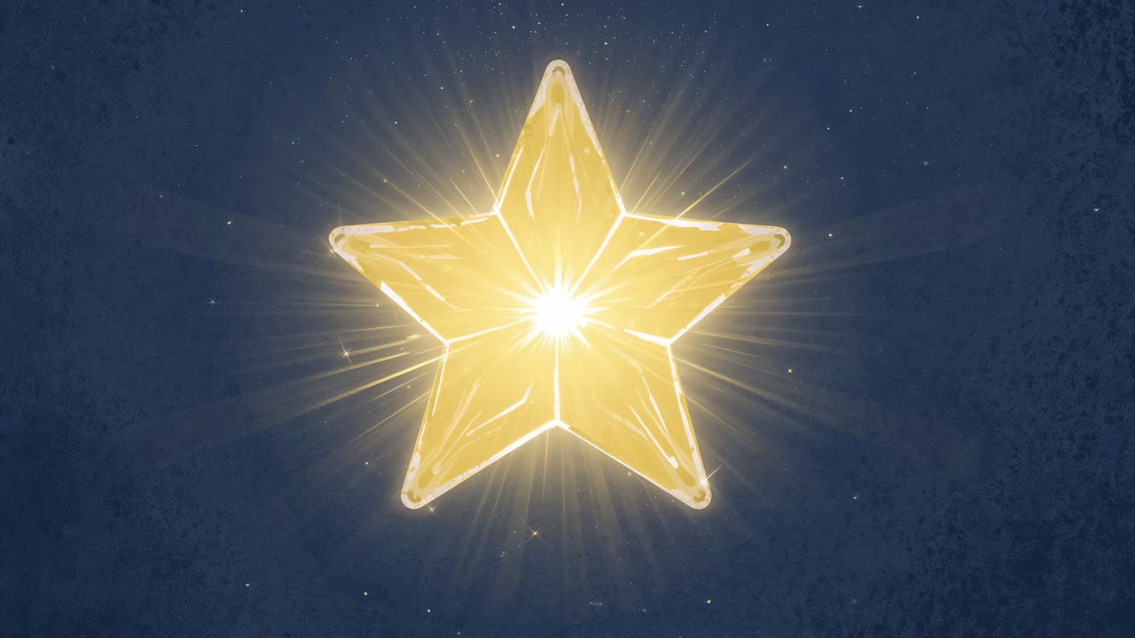 Intensifying glare driving golden 5-pointed star closer in deep blue field, emitting rays, sparkles
