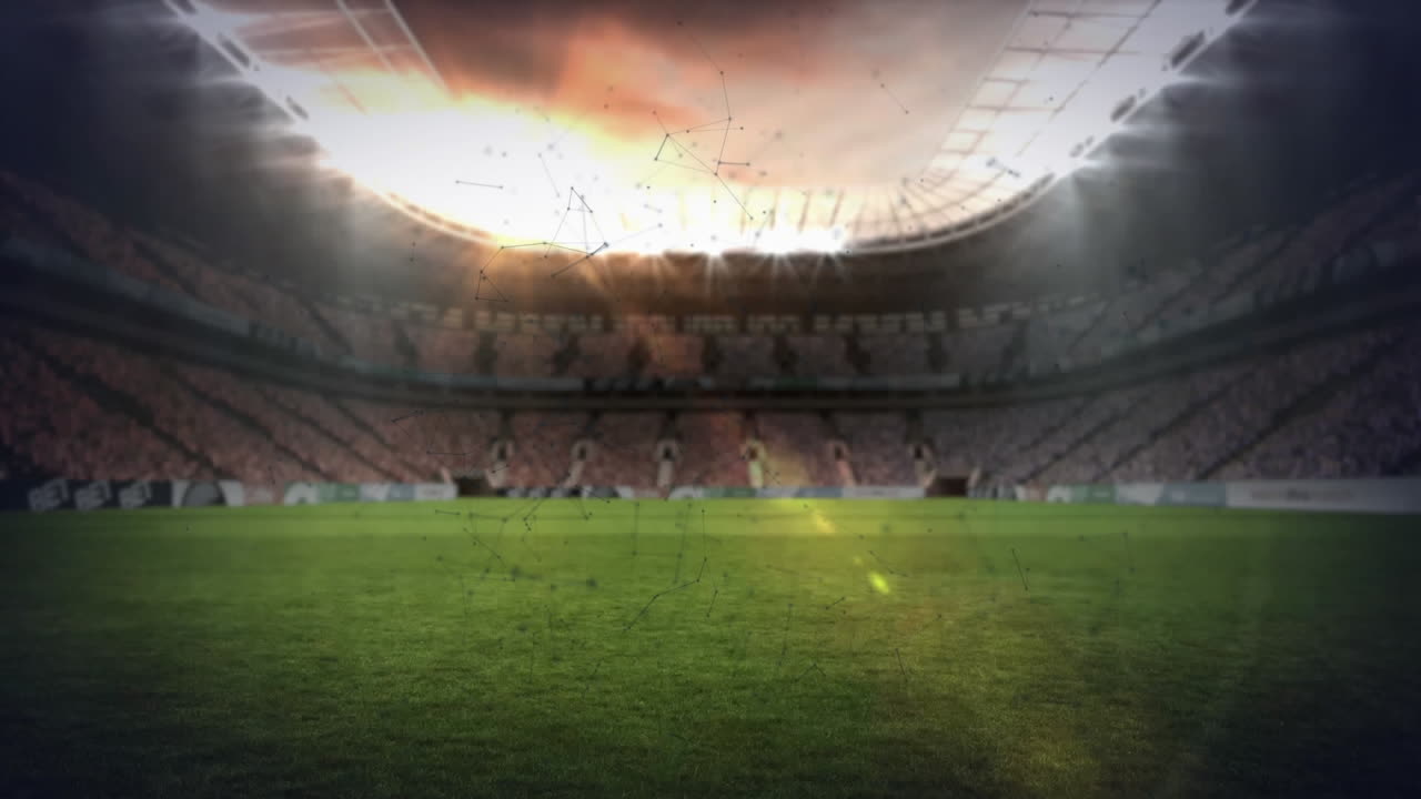 animación de redes de conexiones que giran sobre estadios deportivos