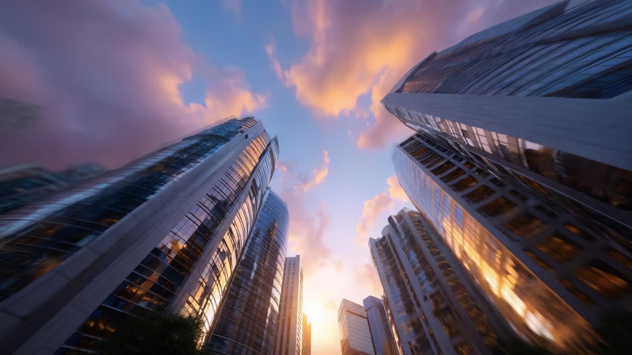 Skyline urbano drammatico al tramonto: una vista accattivante di imponenti grattacieli con un cielo vivace pieno di nuvole colorate e la calda luce del sole che illumina la città