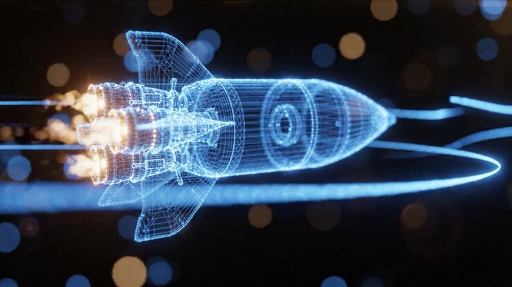 Futuristic Rocket Launch Sequence: A Stunning Visual Journey of a High-Tech, Holographic Rocket Soaring Through Space with a Glowing Trail of Energy and Power