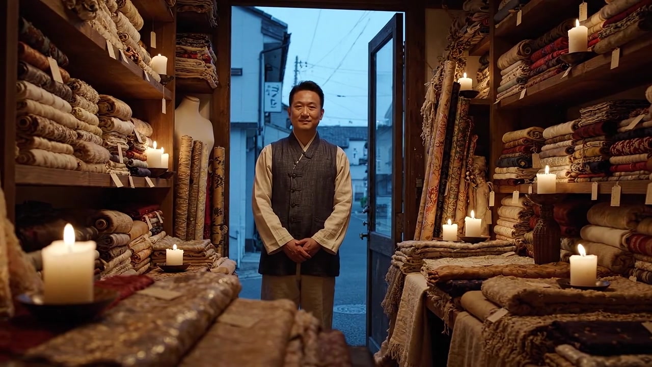 एक कपड़ा दुकान में एक शांत क्षण: गोधूलि बेला में हल्की मोमबत्ती की रोशनी से घिरा एक आदमी सुंदर कपड़ों के बीच खड़ा है, जो शिल्प कौशल का एक वायुमंडलीय दृश्य बना रहा है।