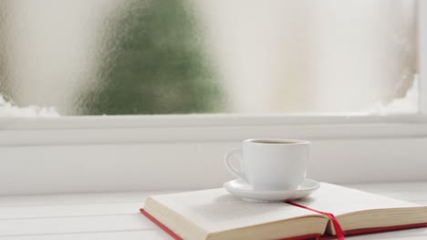 video of cup of hot coffee and book over frozen and snowy window