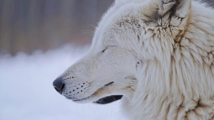 Close-up side profile of a black and a white wolf in a snowy setting, captured at eye level