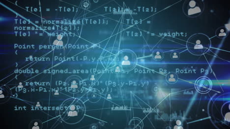 animazione dell'elaborazione dei dati sulla rete di connessioni con le icone delle persone