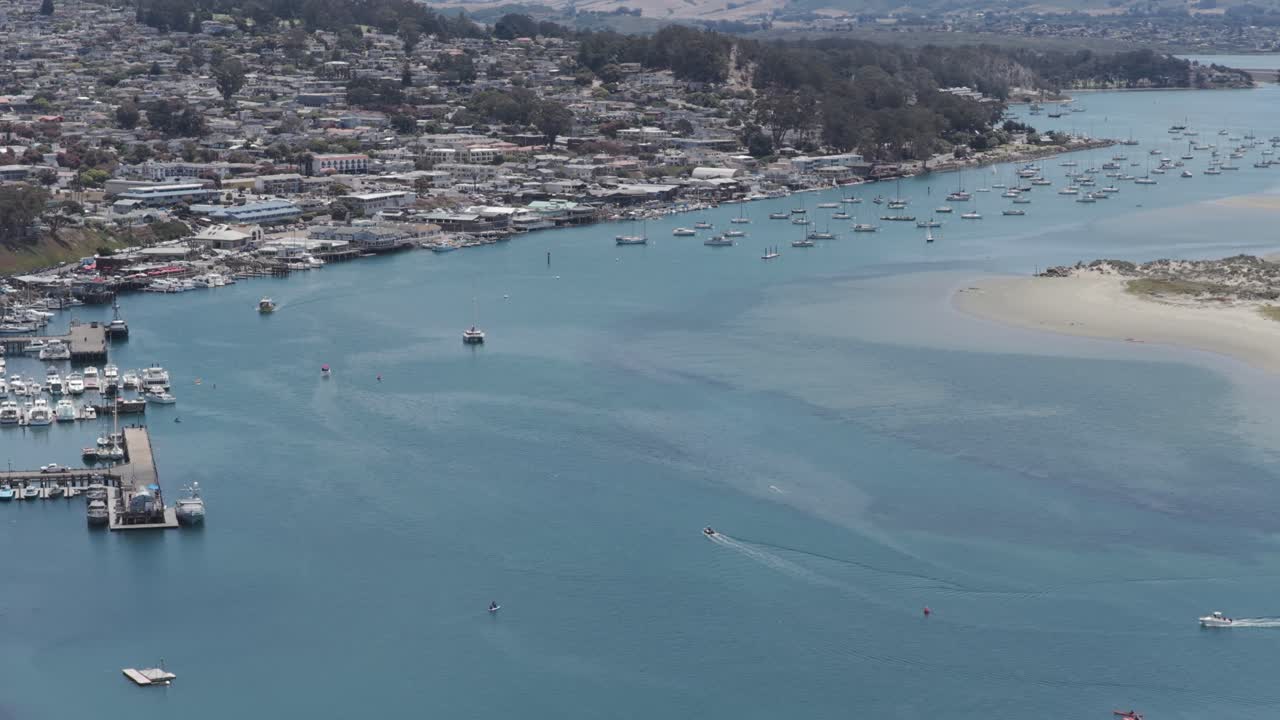 Morro Bay California United States 07 06 2025 Aerial drone footage of the harbor at Morro Bay showing boats docks waterfront buildings and the scenic coastline along the central California coast