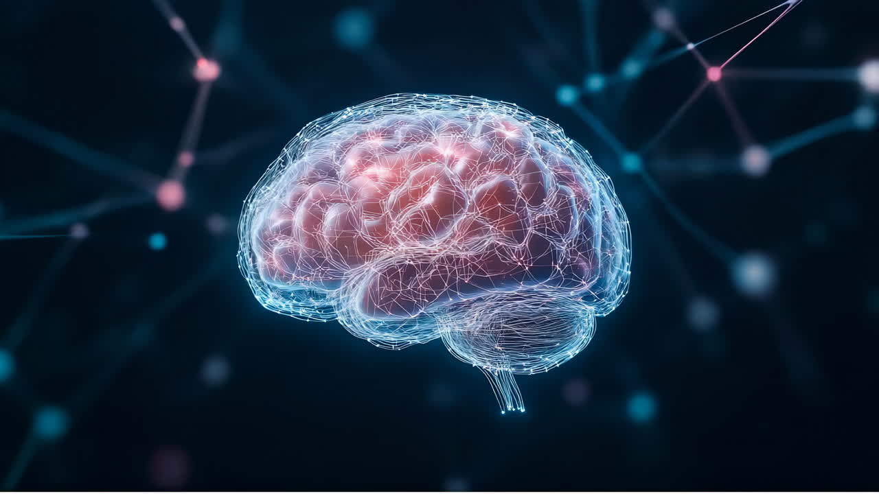 Neural connections illustration. A glowing brain illustration shows neural connections in blue and pink colors against a dark background