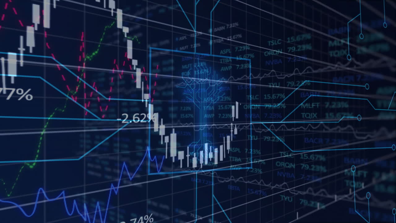 Animation of financial data charts and graphs with digital network overlay