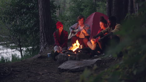 friends singing around a campfire at night