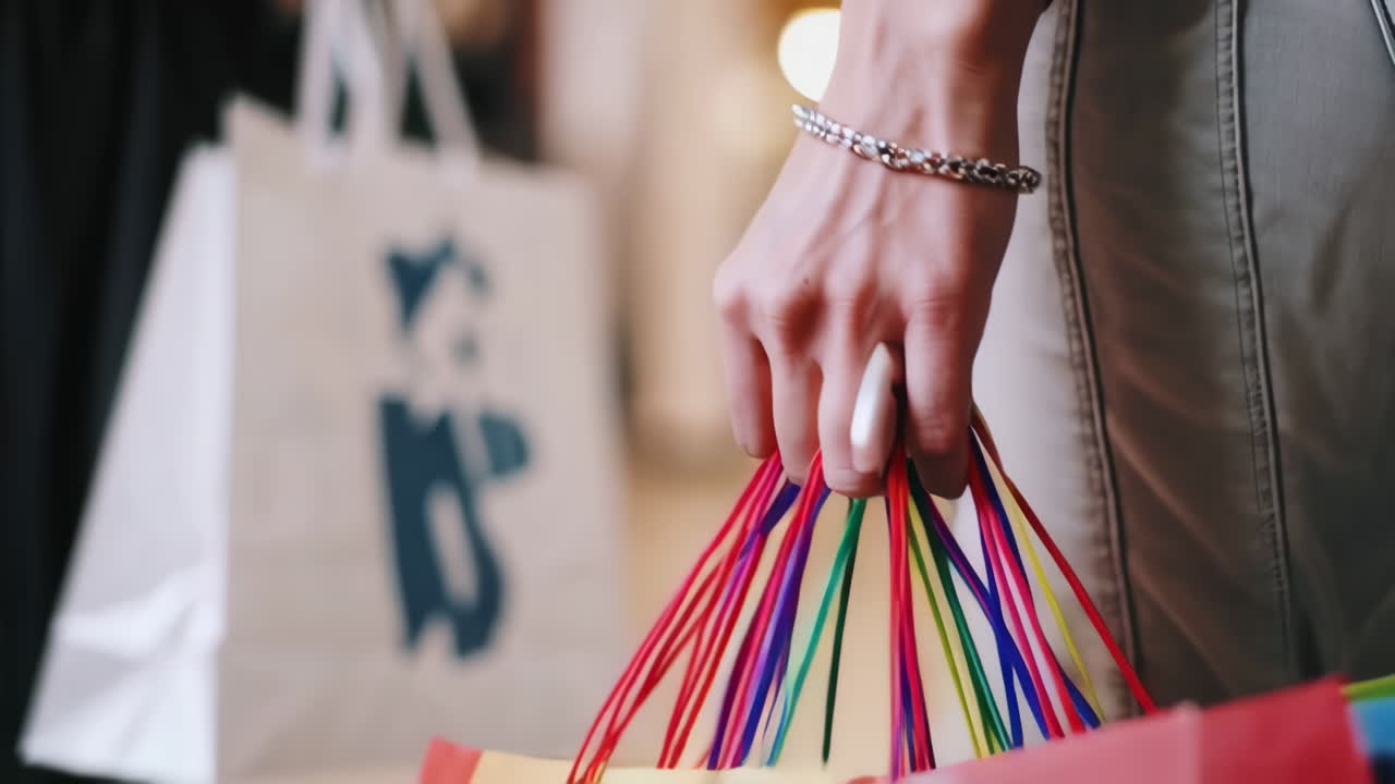 Person holding colorful shopping bags in a mall