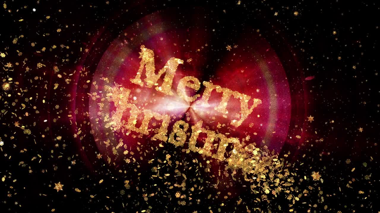빛나는 눈송이 또는 박이는 별의 모션과 파동 플래시가 검은색 배경에 반이는 메리 크리스마스 문자 비디오 인사 카드 4k 3d 루핑 원활한 공간 배경 황금 추상적인 반이는 반이는 빛 크리스마스