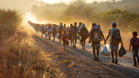 group of people walking on a dirt road