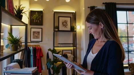 woman using tablet in clothing store