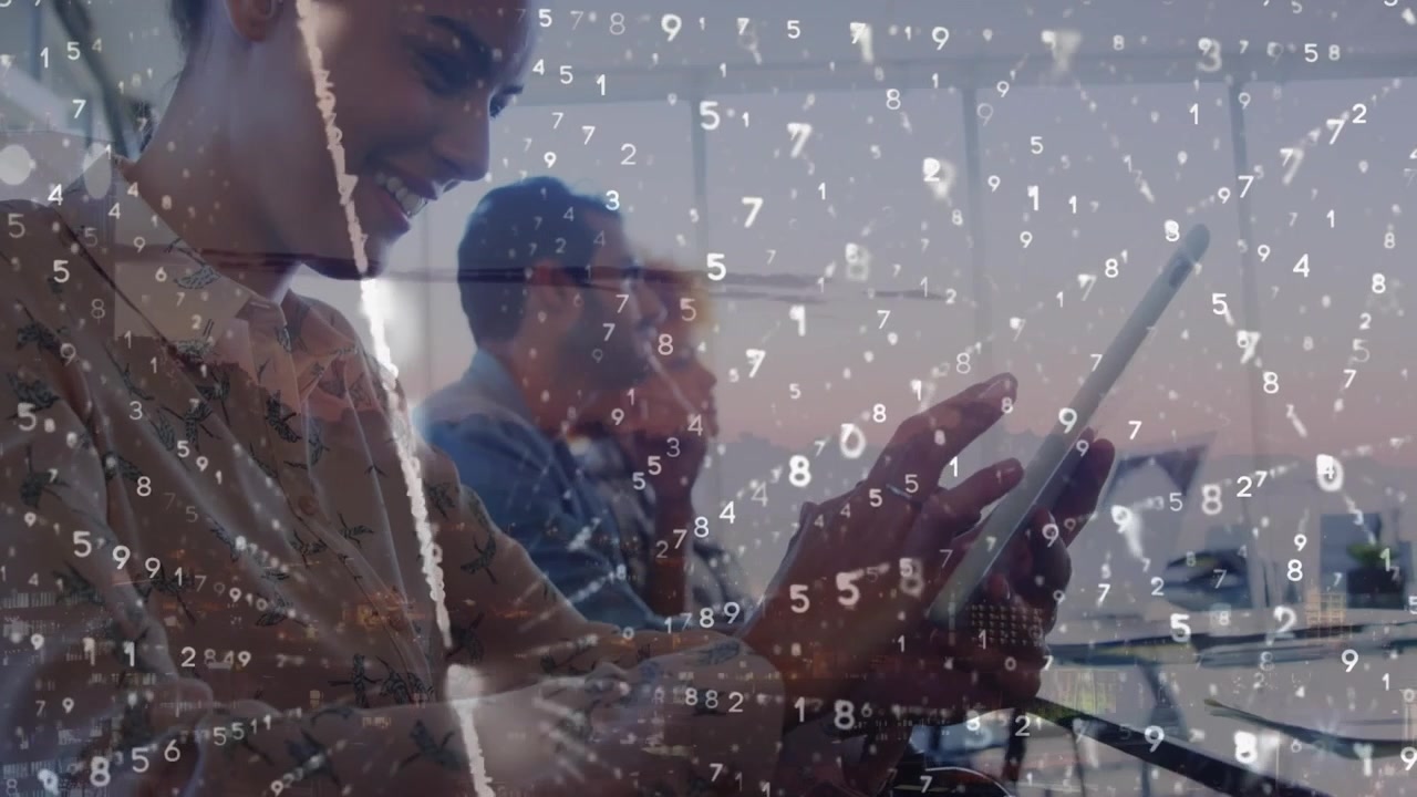 Animation of data processing over diverse business people in office