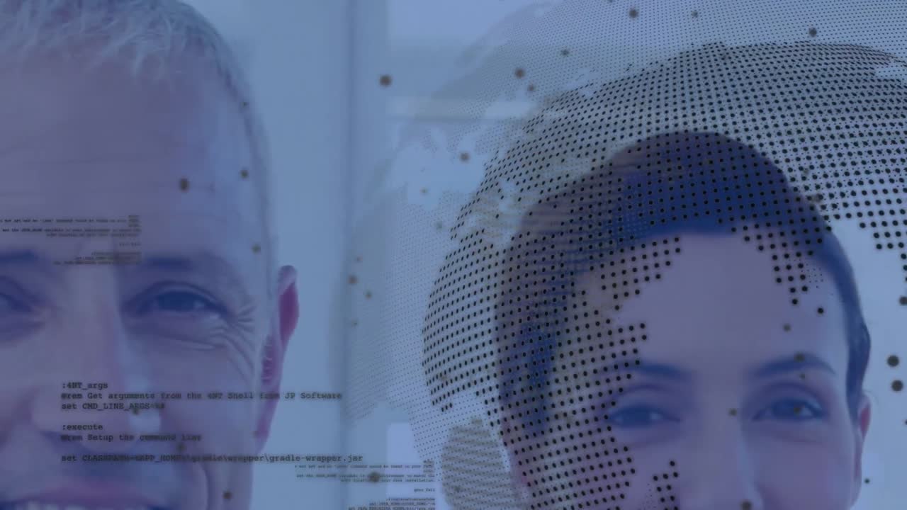 анимация обработки данных над улыбающимися кавказскими врачами