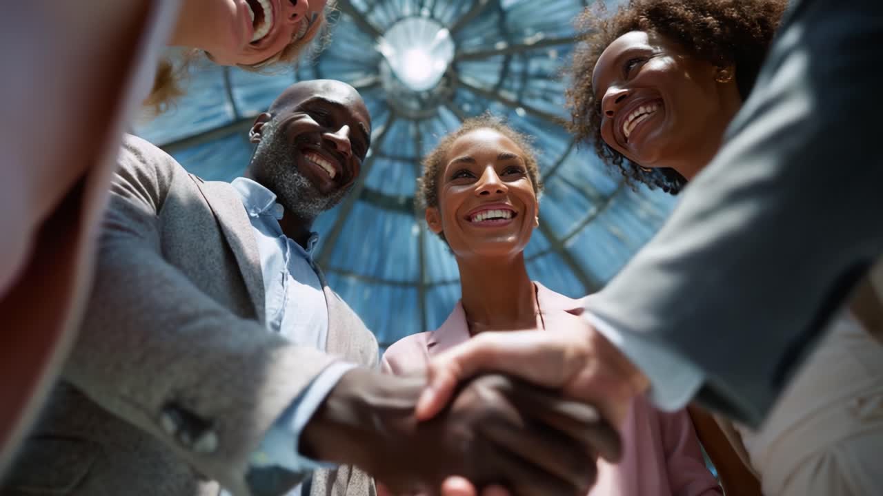 A Joyful Group Engages in a Handshake at an Event, Surrounded by Bright Light and Laughter, Representing Unity and Collaboration Among Friends and Colleagues