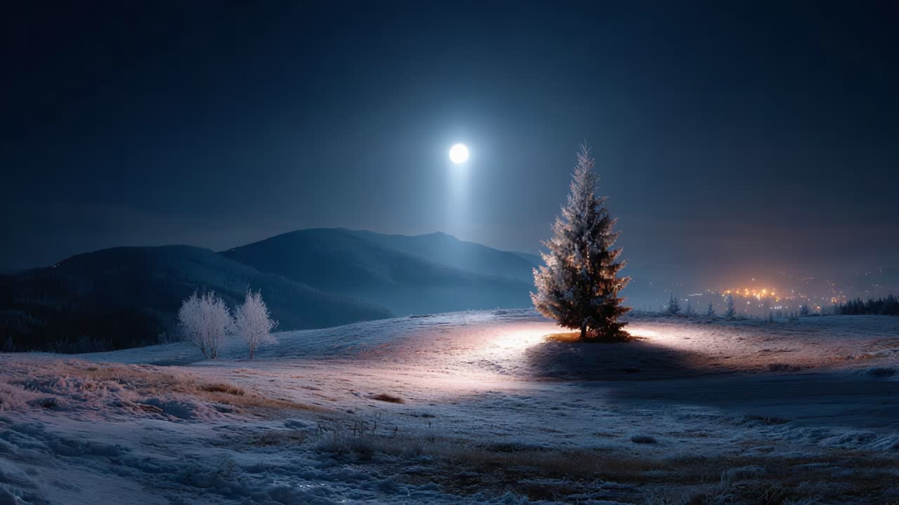 A Serene Winter Nightscape with a Lone Tree Illuminated by a Radiant ...