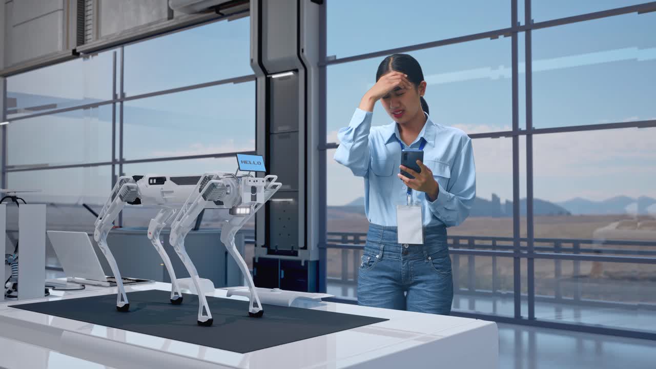 una mujer estresada por un perro robot.