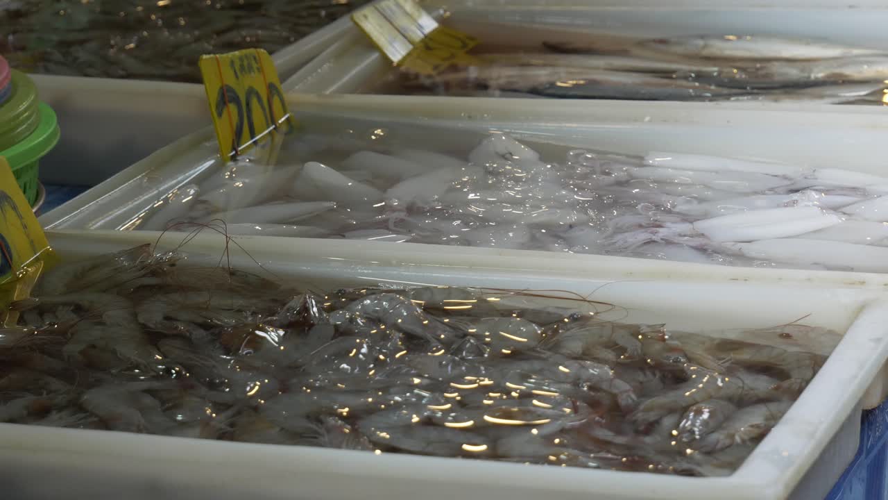 아시아 태국 물고기 시장 해산물 새우 오징어 얼음 물에 스 ⁇ 러 길거리 시장에서 판매