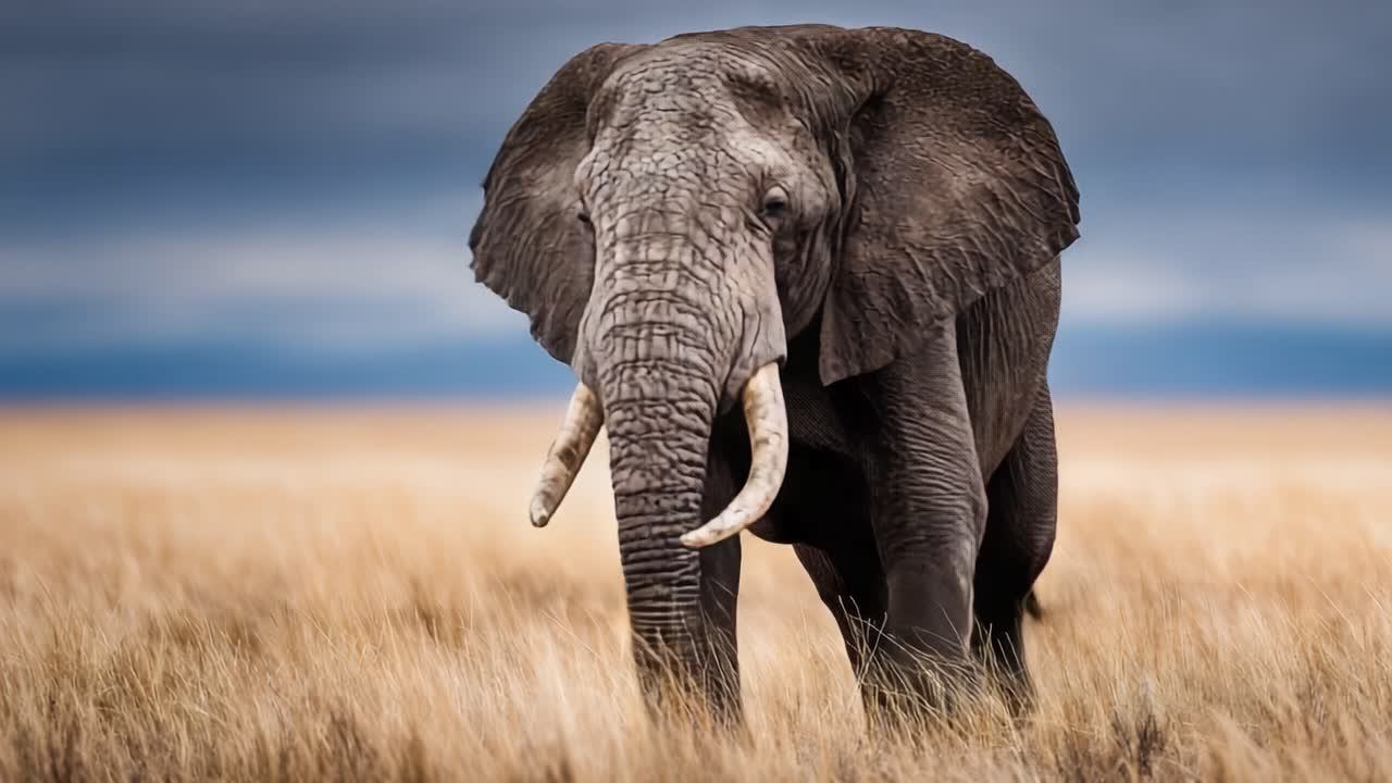 Majestætisk elefant på uberørt græsland: En ikonisk repræsentant for afrikansk dyreliv, der strejfer frit under en dramatisk himmel, symboliserende naturens skønhed og styrke.