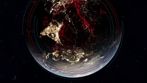 planet earth spinning view from empty dark space nasa satellite with network connection speed data internet between smart city modern metropolitan capital animation