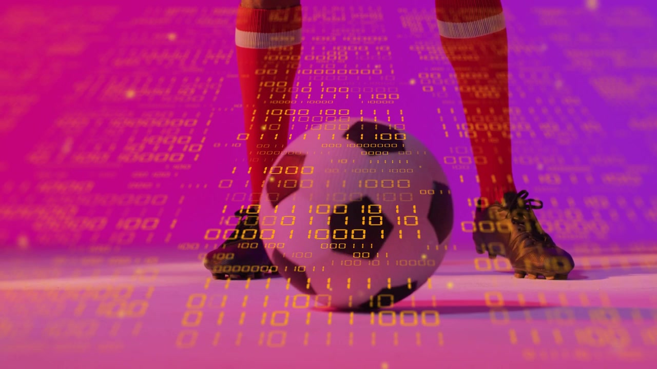 Legs standing with binary overlay, soccer ball rolling left, causing foot shifting, trapping ball