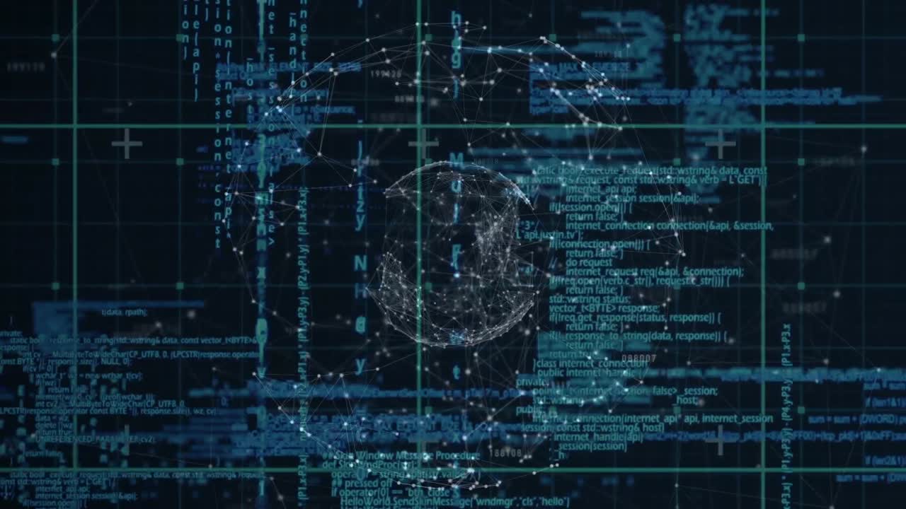Animation of network of connections, globe and data processing in digital space