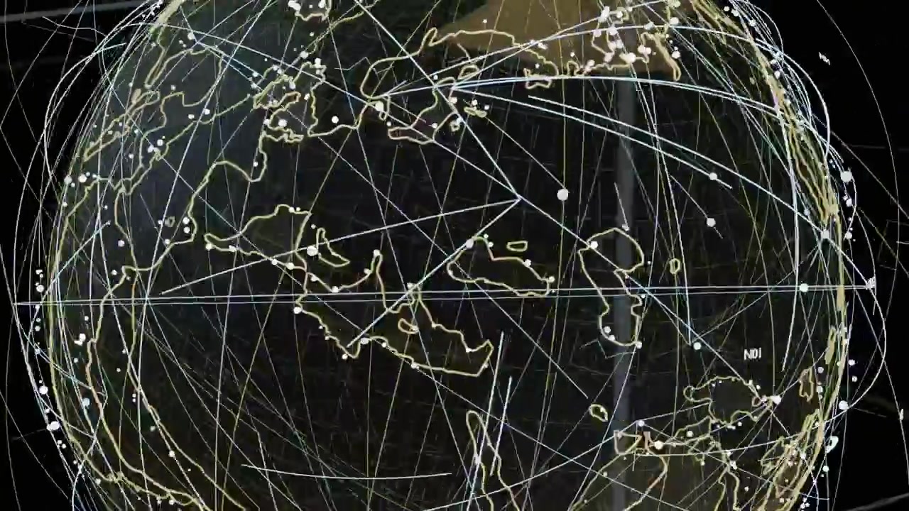 On play globe rotating, tilting, arcs sweeping, nodes shifting, showing global links transparent