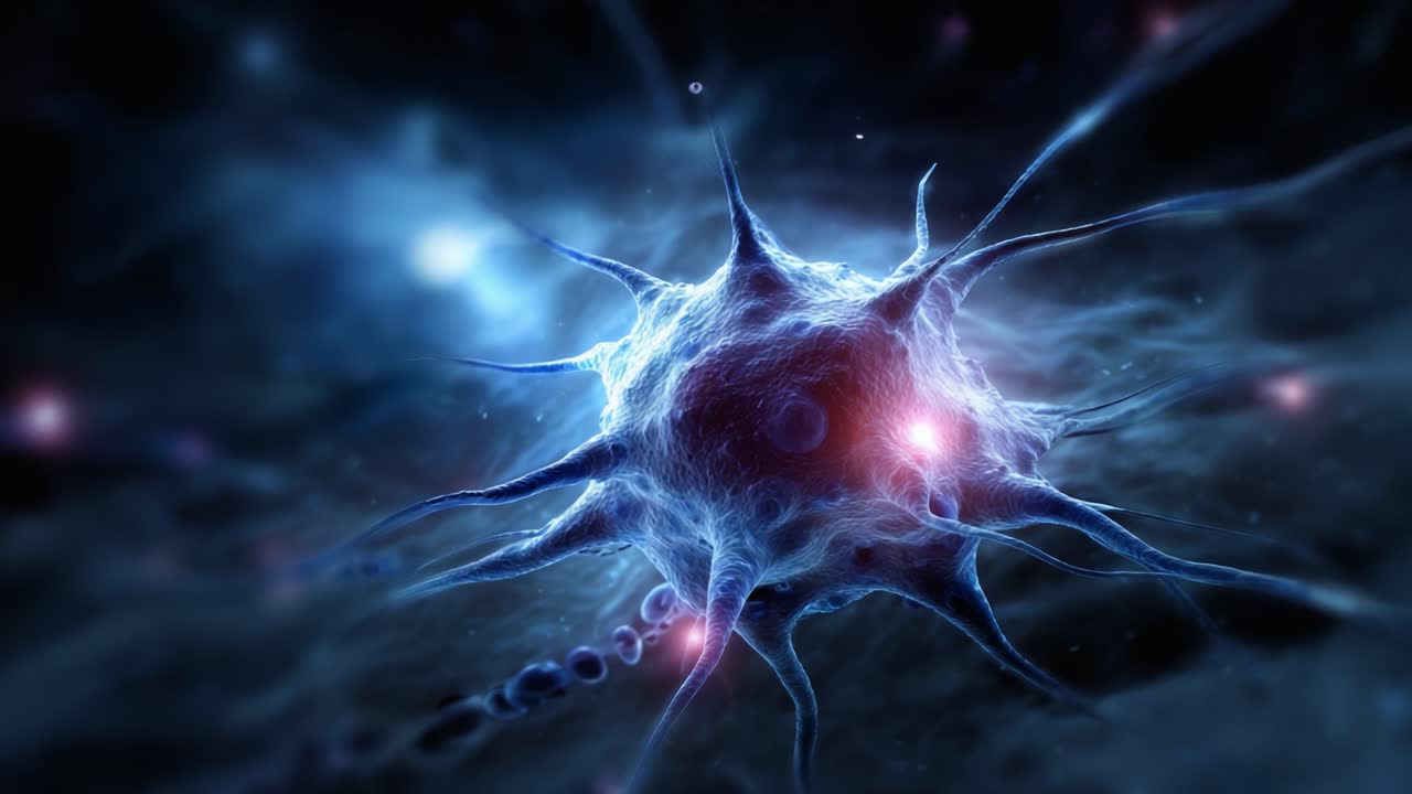 A Close-Up View of a Single Microbial Cell in Space, Highlighting Its Intricate Structures and Vibrant Colors Against a Cosmic Background