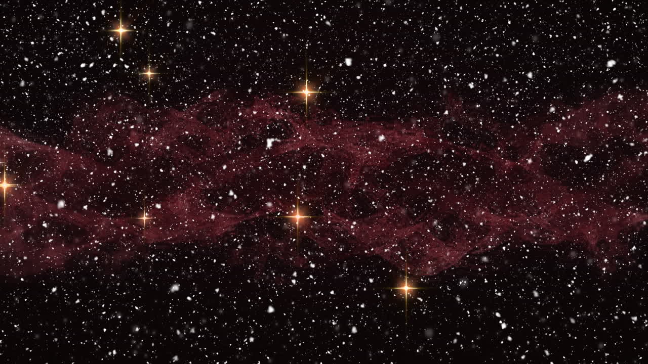 빨간색 디지털 파도와 검은색 배경에 황금 빛나는 별 위에 눈이 내리고 있습니다.