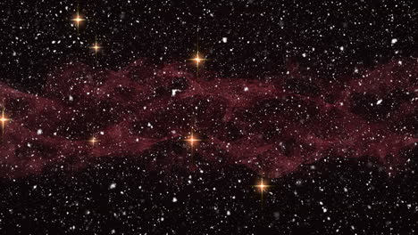 nieve cayendo sobre la onda digital roja y estrellas doradas brillantes contra un fondo negro
