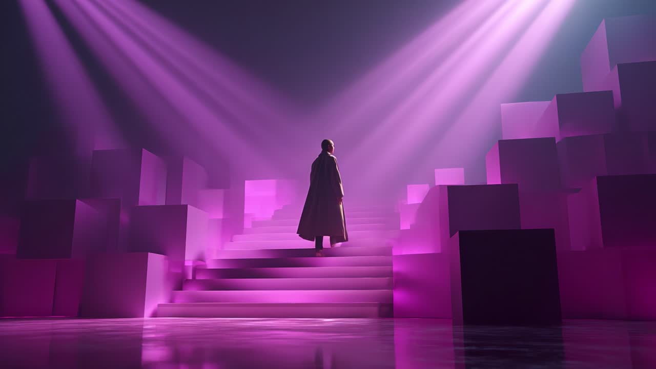 A person ascends a set of stairs bathed in purple light