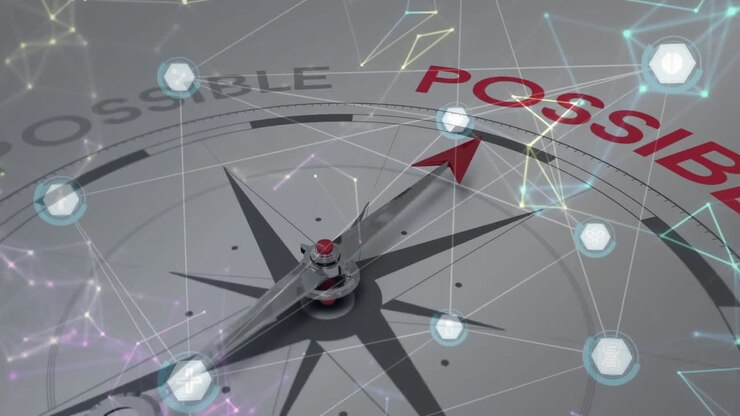 Animation of network of connections over compass on white background