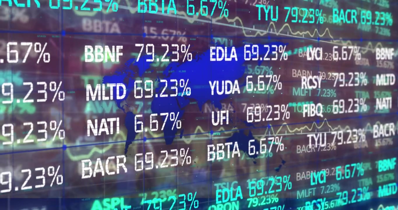 Animation of financial data processing and world map over dark background