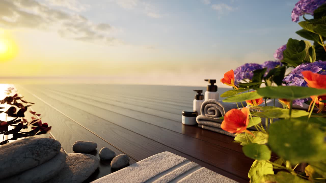꽃, 수건, 치유 돌, 나무 표면에 스파 치료 크림, 일몰, 3d 애니메이션, 스파 살롱 치료, 휴식