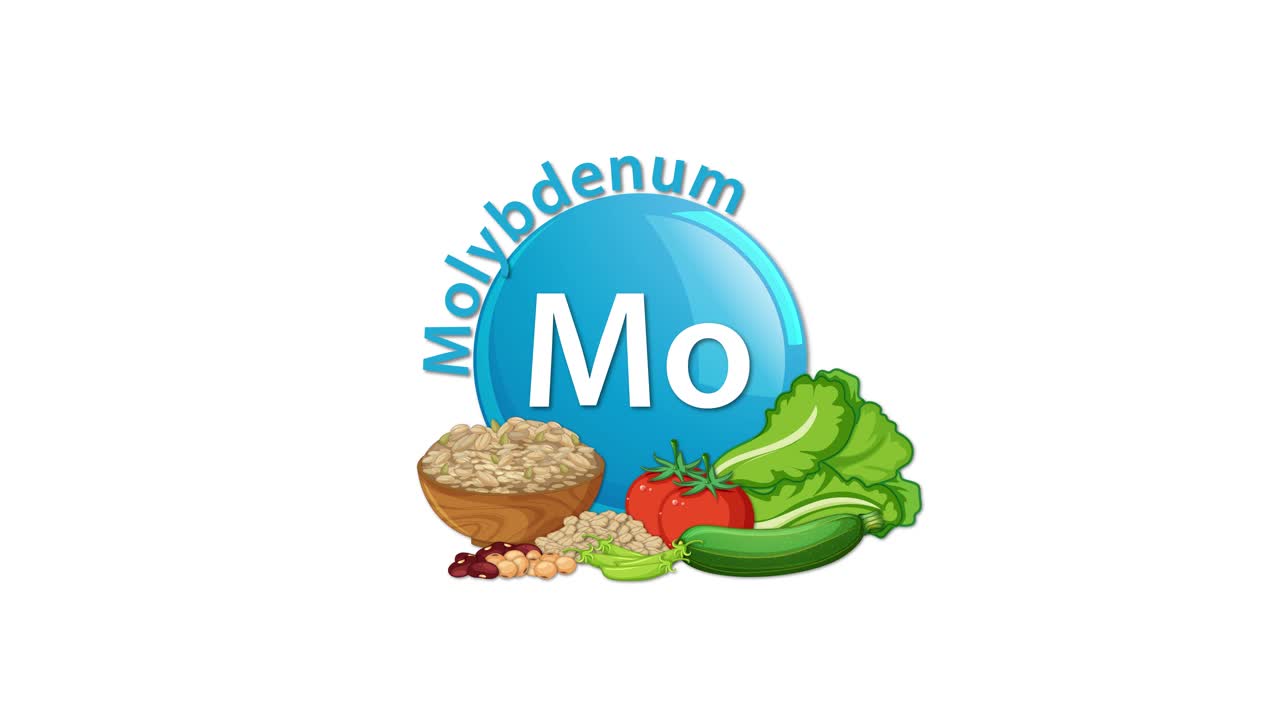A blue molybdenum element icon animates in with rotating text and transitions to include illustrated vegetables, grains, and legumes on a white background