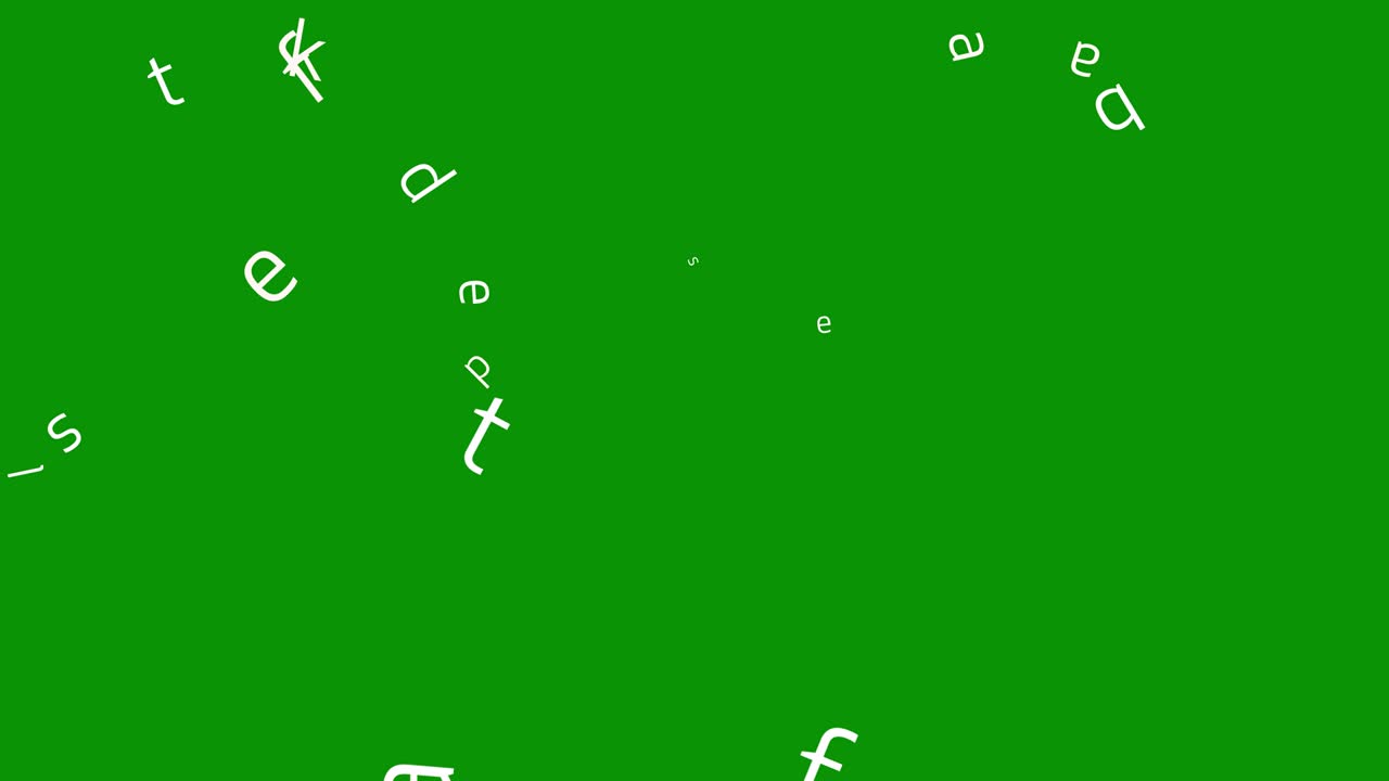 Motion graphics con lettere dell'alfabeto inglese che cadono su sfondo a schermo verde.
