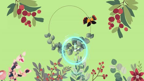 Digital-animation-of-neon-digital-clock-ticking-against-floral-designs-on-green-background