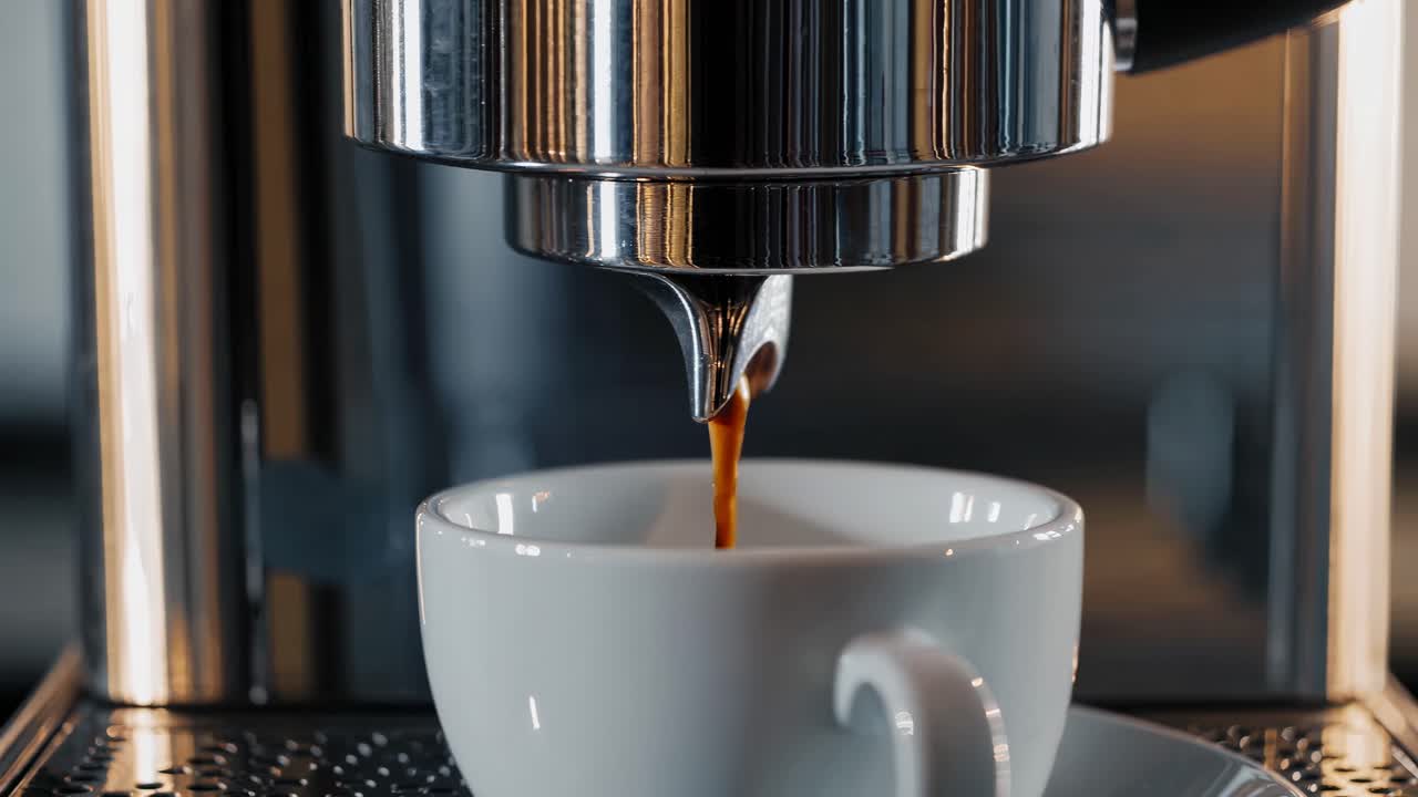 Close-up of espresso machine brewing coffee into a white cup