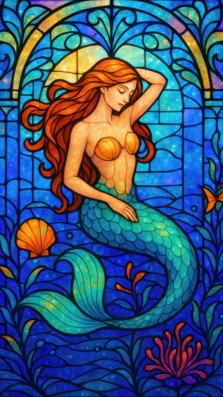 Stained glass style of a mermaid surrounded by fish, viewed from a front angle