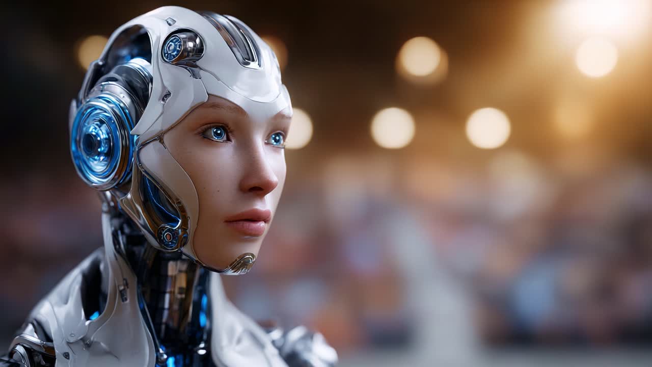 Un robot futuristico con sembianze femminili che mostra intelligenza artificiale avanzata e caratteristiche realistiche in un mondo digitale, enfatizzando tecnologia e umanità nel tempo