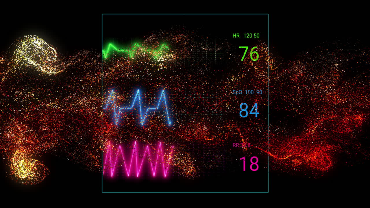 Animation of colorful waveforms and health metrics on dynamic particle background