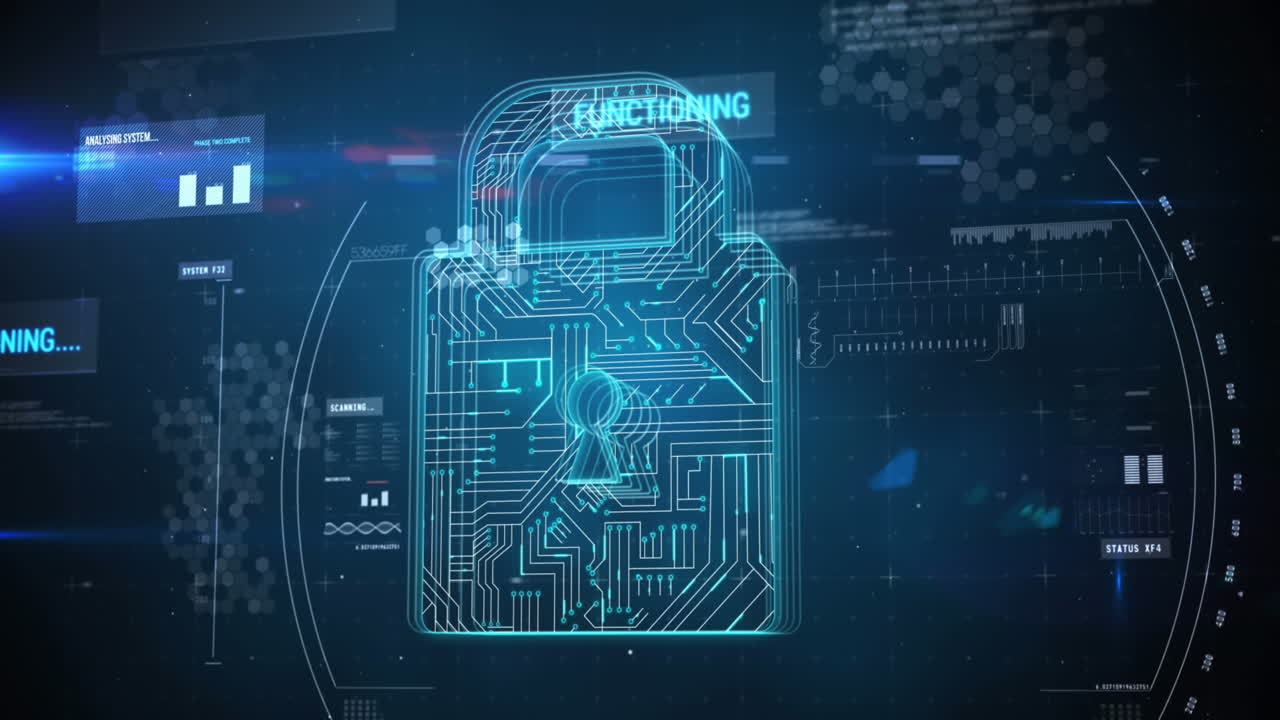 Animation of scope scanning over security padlock icon and data processing on black background